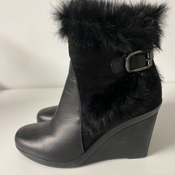 Aquatalia Natalie Black Ankle Wedge Heel Boot Leather Suede Faux Fur Rou… - Picture 5 of 9